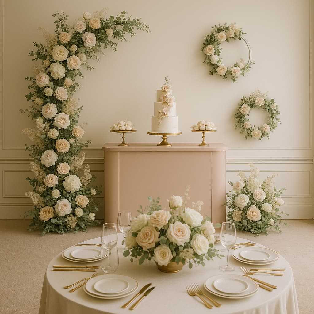 Ivory floral arch and cake vignette