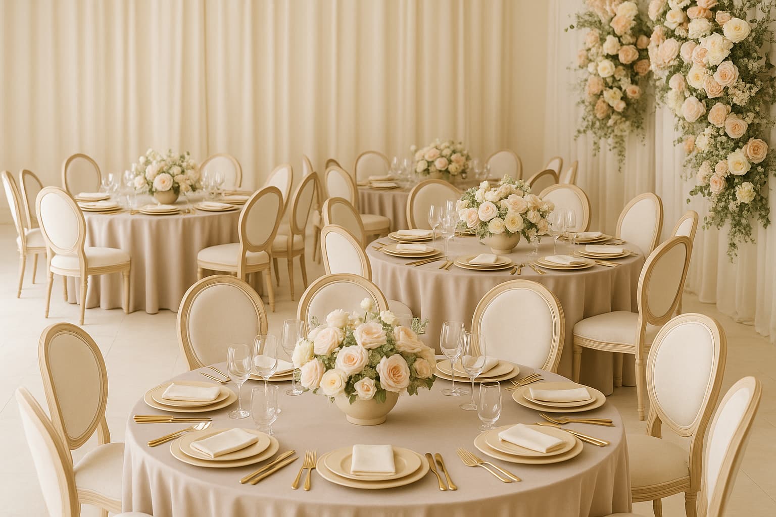 Reception room with round tables and florals