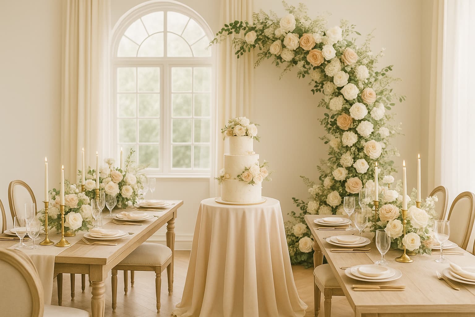 Cake vignette under floral arc