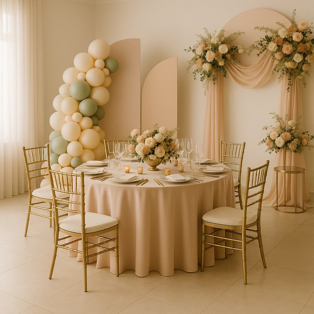 Blush round table with balloons and florals