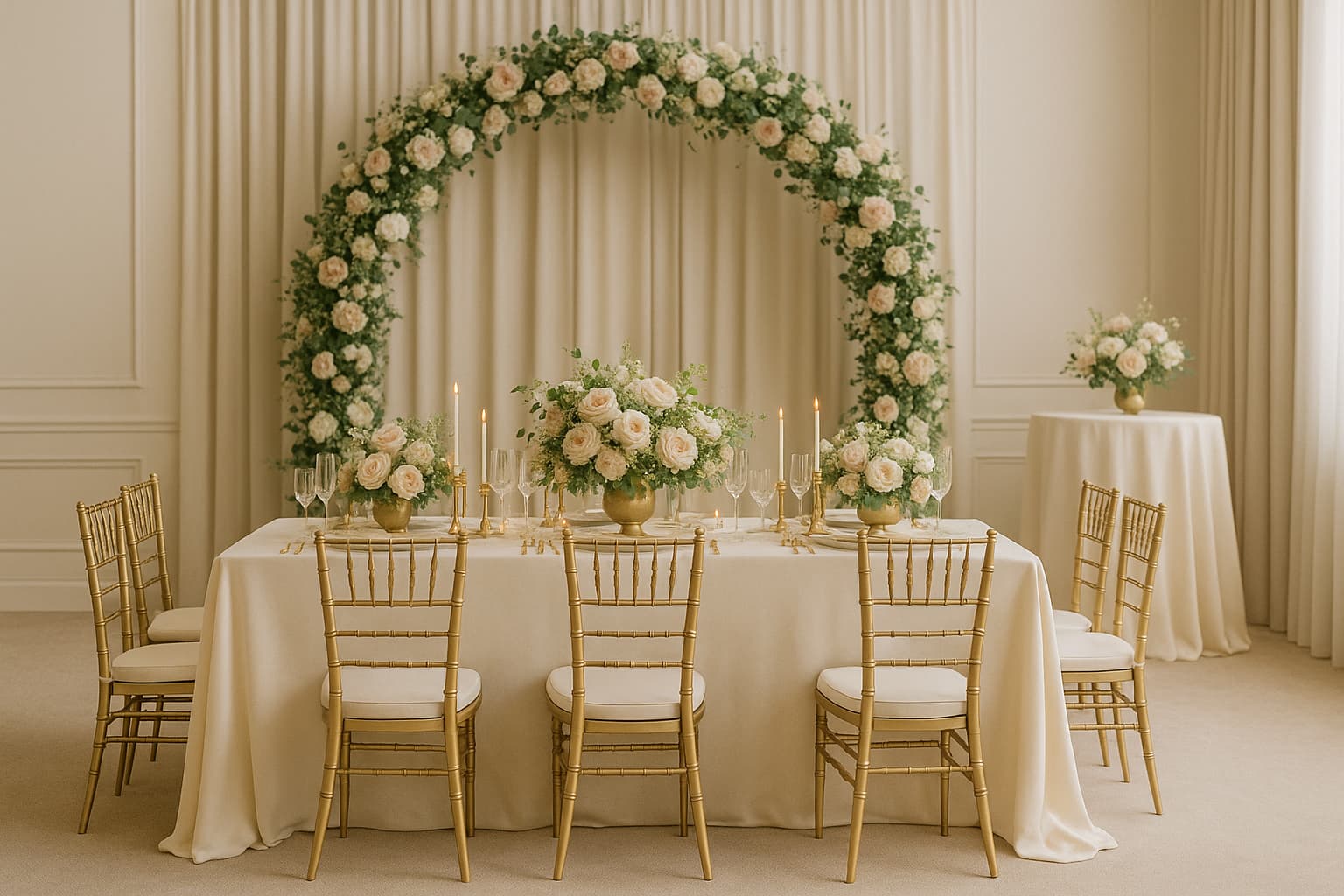 Long table under floral arch