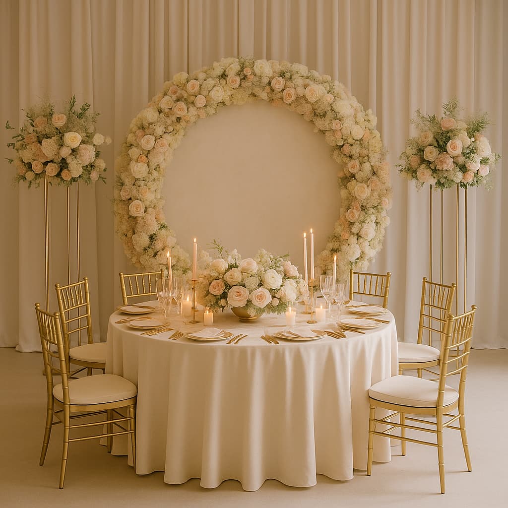 Circular floral backdrop with candles