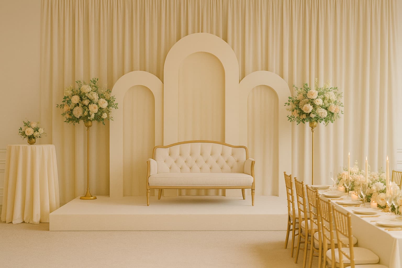 Ivory stage with loveseat and tall florals