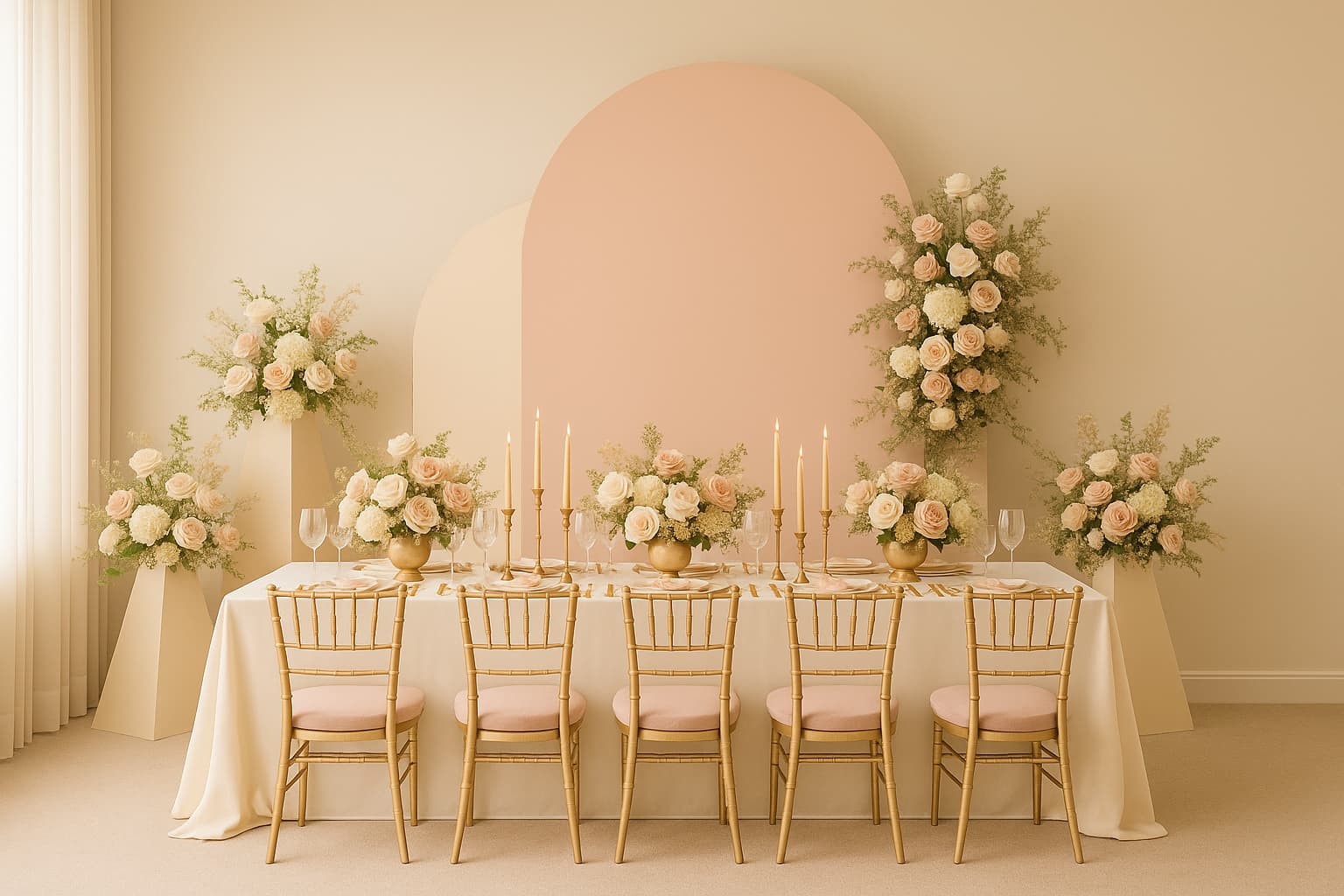 Blush arch backdrop and tablescape